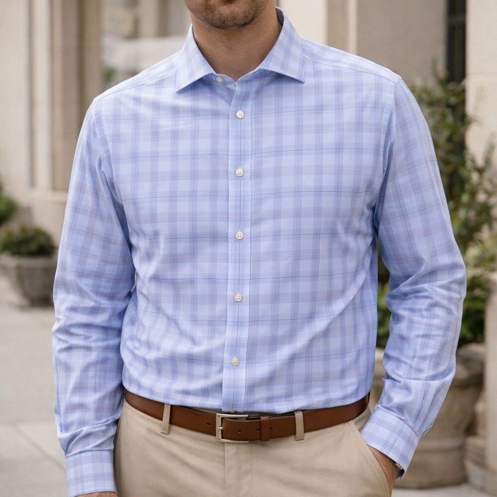 Charles Tyrwhitt Mens Large 17” Blue Check Dress Shirt Long Sleeve Office Career